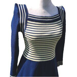 Vtg 60s 70s Giamo Knits Mod Navy Blue Striped Knit Maxi Sailor Sweater Dress USA